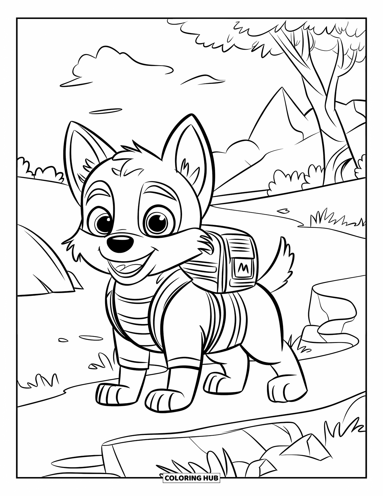 Husky Puppy Coloring Page for Kids: Striped-shirt pup hikes rocky ground with mountains in the distance