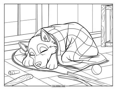 Coloriage de chiot husky pour enfants : Un chiot fatigué sommeille sur une couverture près de jouets et d'une fenêtre