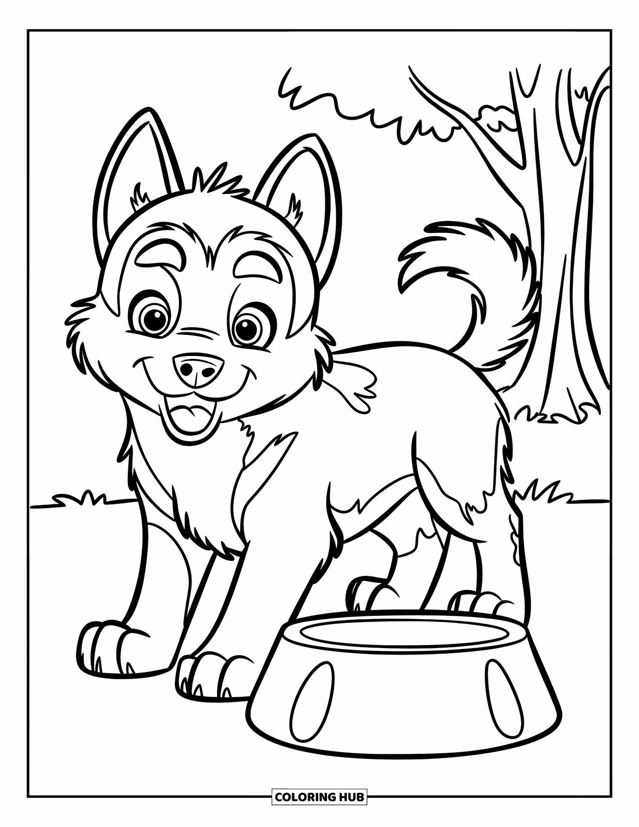 Husky Puppy Coloring Page for Kids: Wagging husky stands beside its empty food bowl and a nearby tree