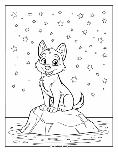 Coloriage de chiot husky pour enfants : Un chiot aux grands yeux regarde les étoiles depuis un rocher entouré d'eau