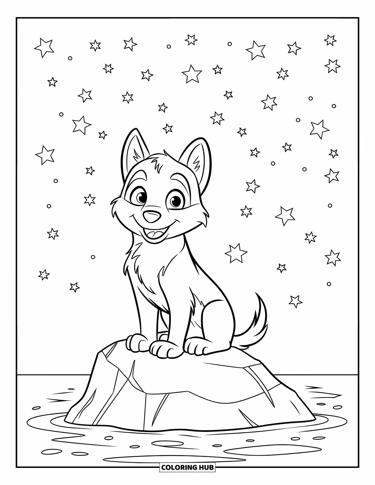 Husky Puppy Coloring Page for Kids: Wide-eyed puppy looks at the stars from a rock surrounded by water