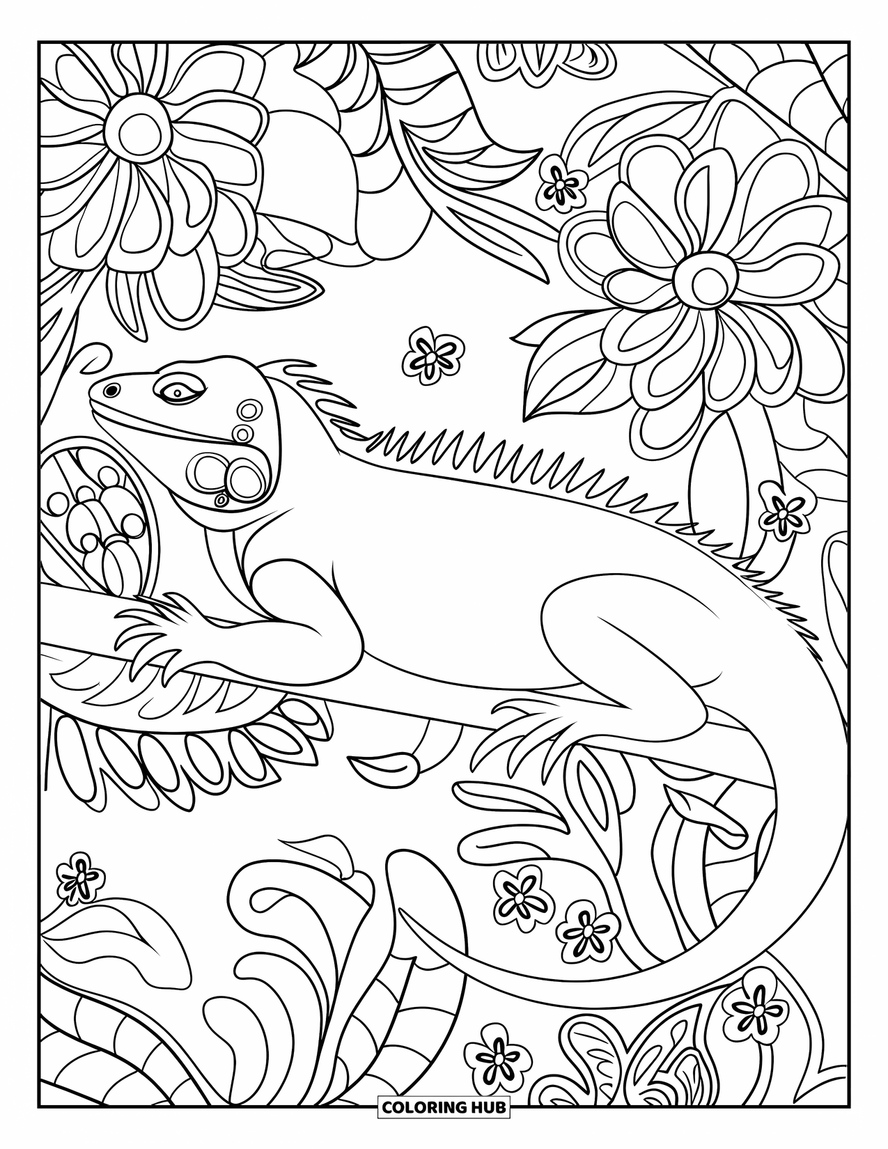 Iguana Coloring Page for Adults: Calm iguana lounges on a branch in a jungle of swirling vines