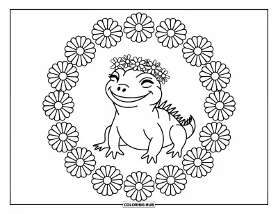 Leguan-Ausmalbild für Erwachsene: Zufriedener Leguan mit Blumenkranz entspannt zwischen riesigen Dschungelblüten