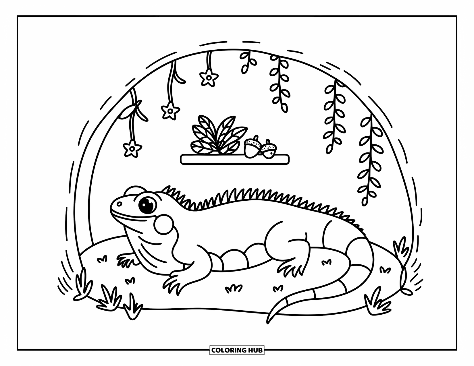 Iguana Coloring Page for Adults: Curled iguana relaxes in a vine-filled jungle cave with leaves and acorns