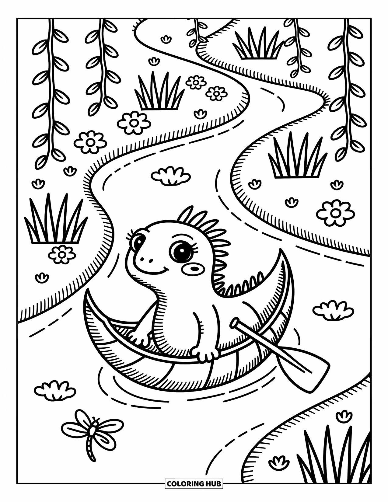 Iguana Coloring Page for Adults: Happy iguana rows gently through jungle waters in a curled leaf boat
