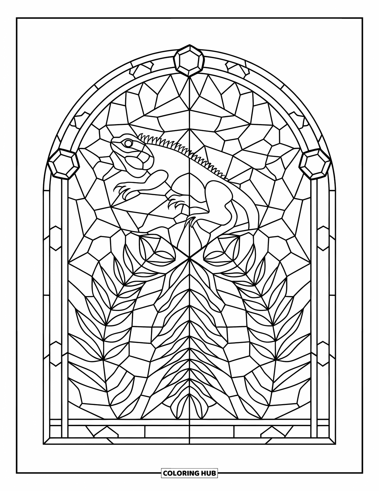 Iguana Coloring Page for Adults: Iguana and ferns form a symmetrical stained glass window