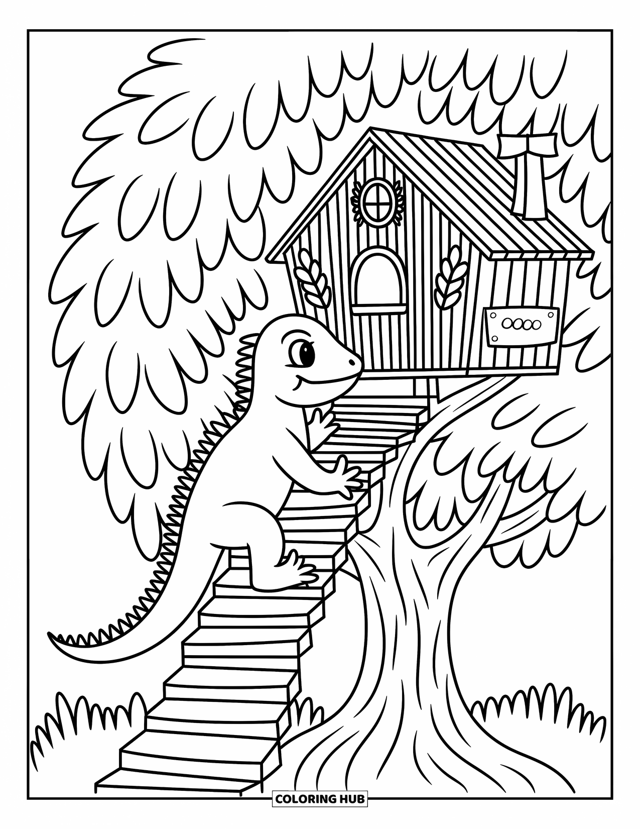 Iguana Coloring Page for Adults: Iguana climbs a spiral ramp toward a treehouse with fluffy treetop leaves
