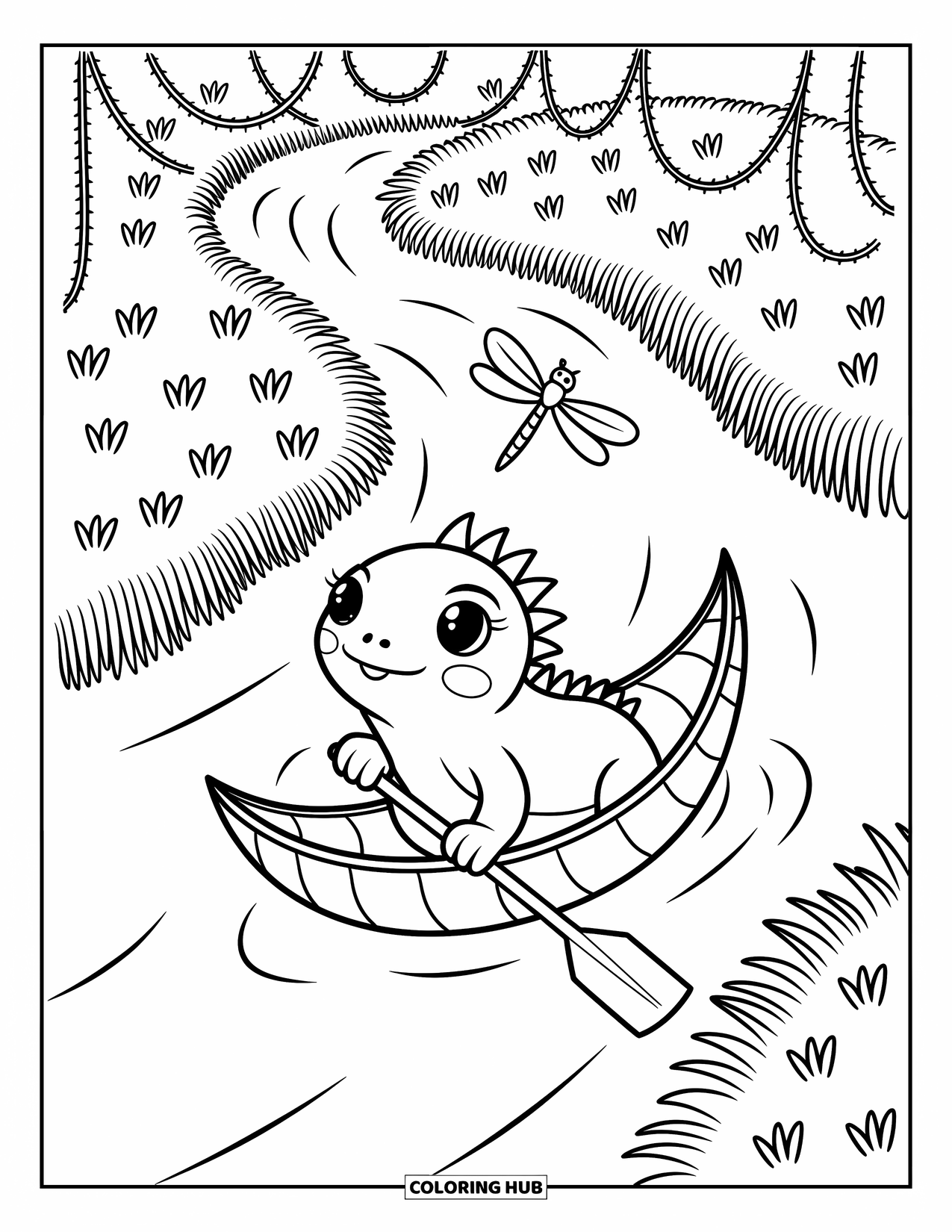 Iguana Coloring Page for Adults: Iguana floats peacefully in a leaf boat past flowers, grass, and a dragonfly