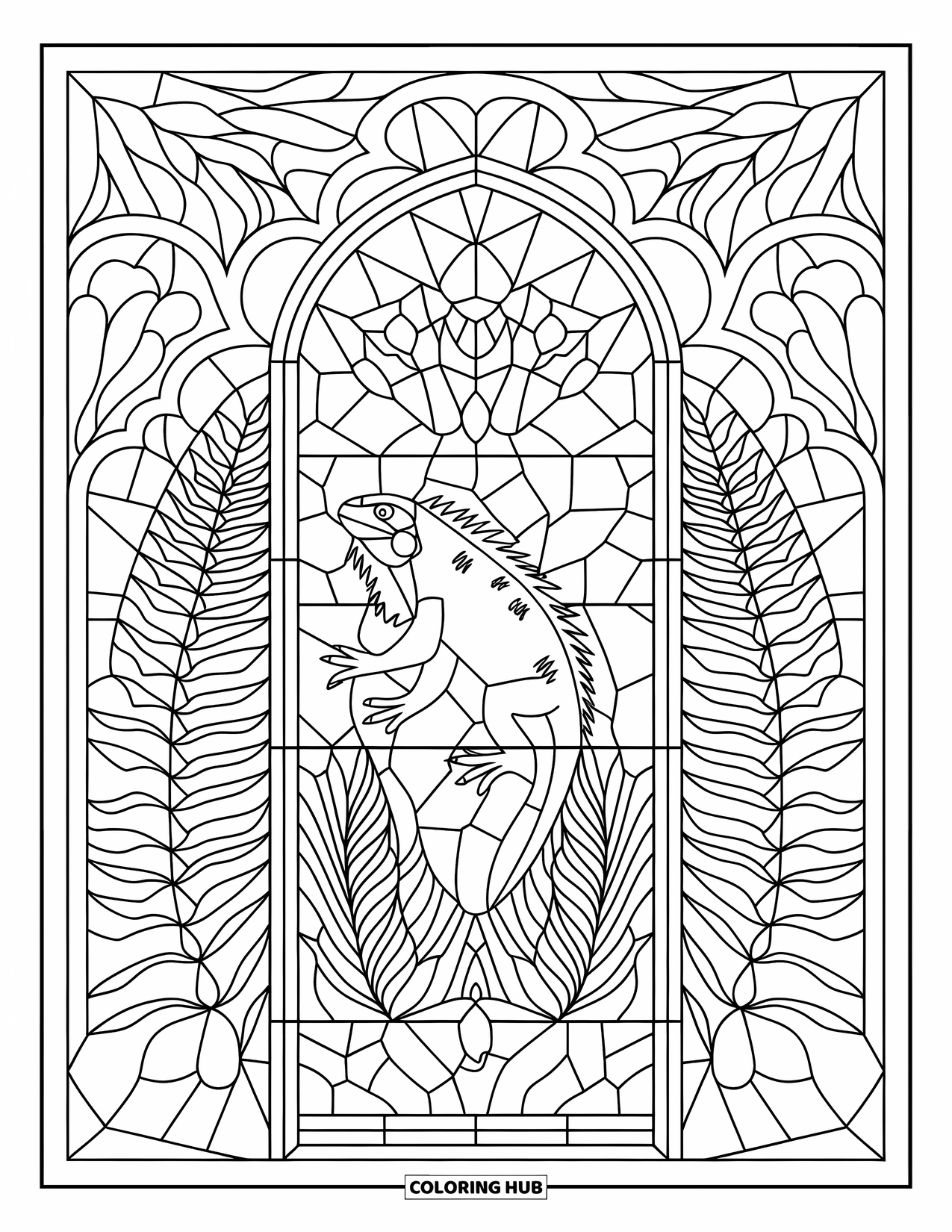 Iguana Coloring Page for Adults: Iguana in a glass design with fern patterns and decorative borders