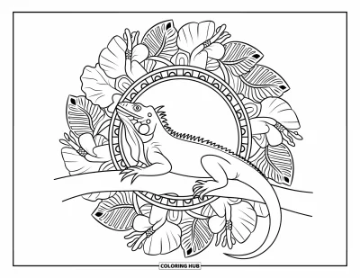 Leguan-Ausmalbild für Erwachsene: Leguan wird von einem vollständigen Blütenmandala aus Hibiskus und Monstera-Blättern gerahmt