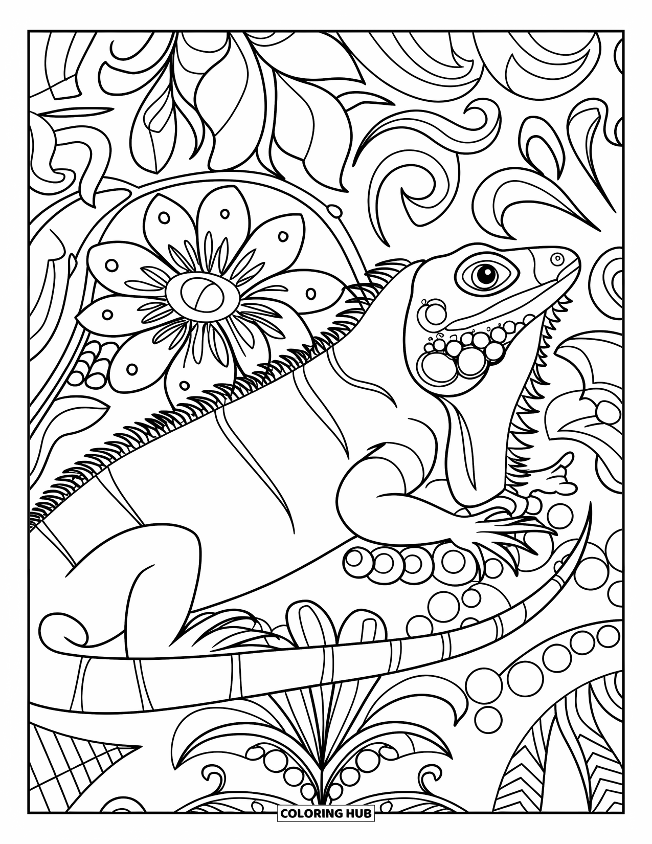 Iguana Coloring Page for Adults: Iguana rests among swirling flowers and leafy tropical swirls