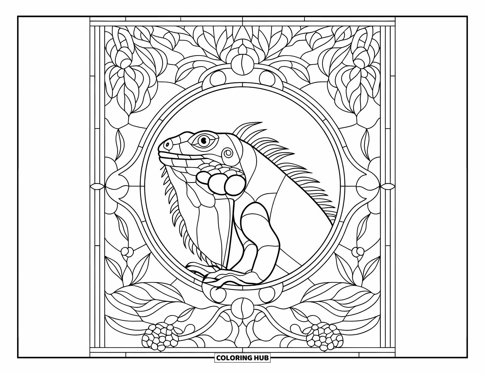 Iguana Coloring Page for Adults: Iguana sits calmly among leaves in a decorative glass frame