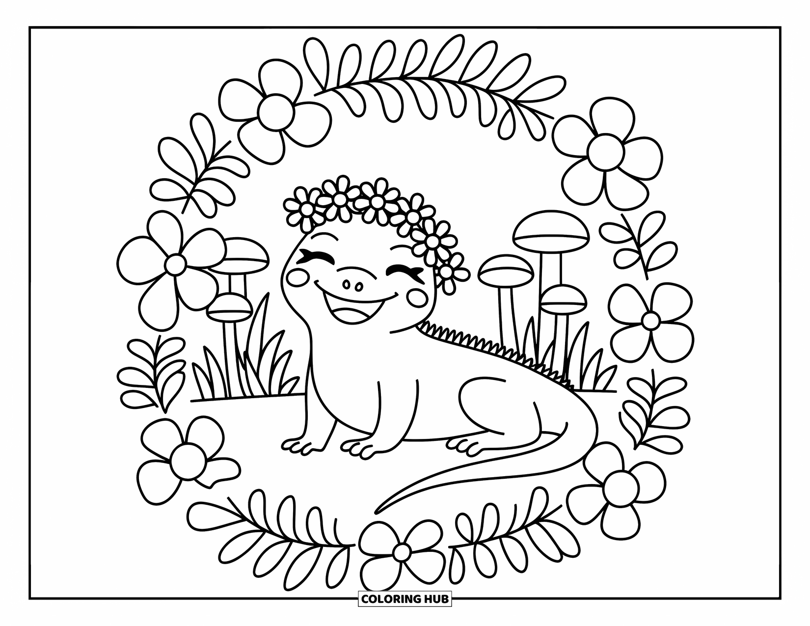 Iguana Coloring Page for Adults: Iguana with flower crown sits peacefully in a circle of blooming jungle flowers