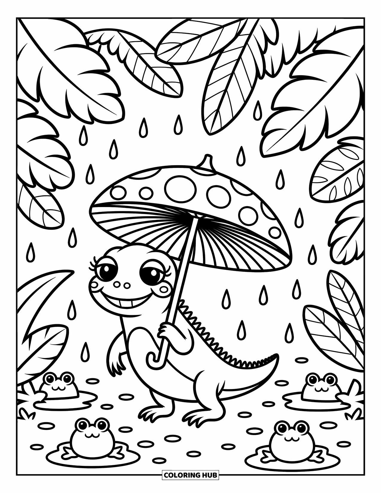 Iguana Coloring Page for Adults: Joyful iguana walks through jungle rain under a mushroom umbrella