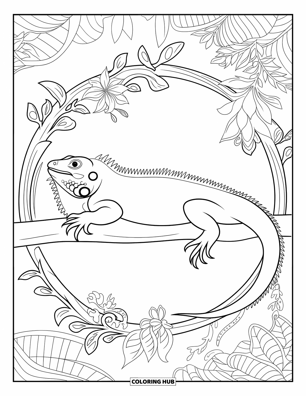 Iguana Coloring Page for Adults: Lounging iguana is surrounded by vines and blooming jungle flowers