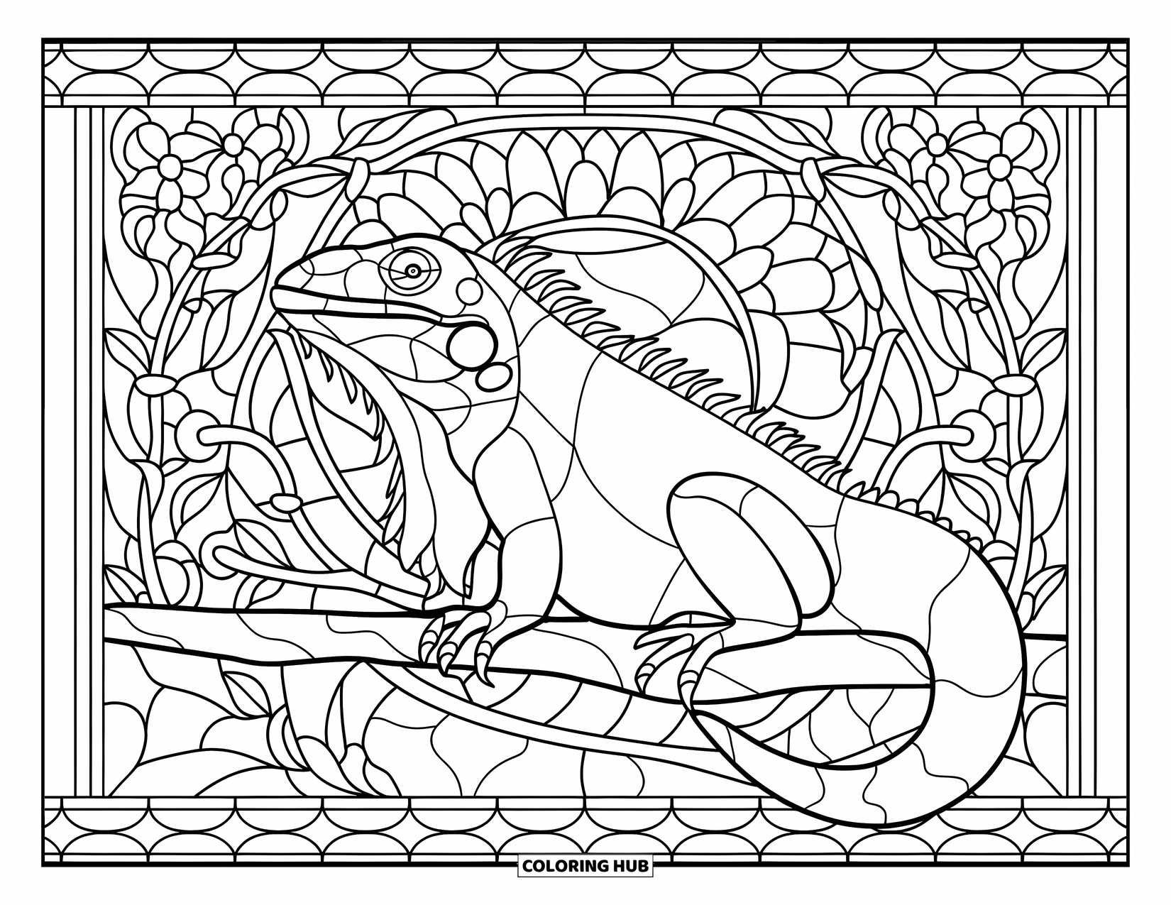 Iguana Coloring Page for Adults: Peaceful iguana rests inside a leafy stained glass panel