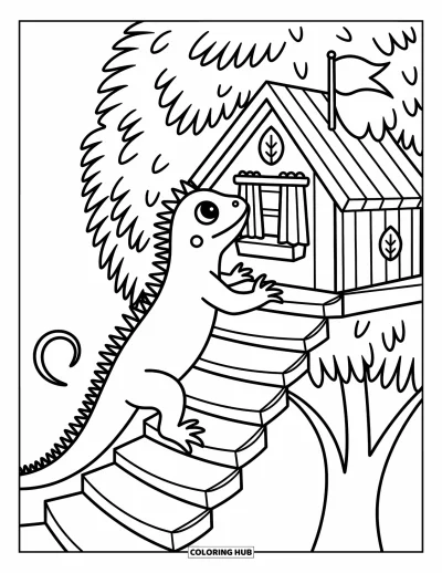 Leguan-Ausmalbild für Erwachsene: Verspielter Leguan klettert eine Spiralrampe zu einem Baumhaus mit Vorhängen und Fahne