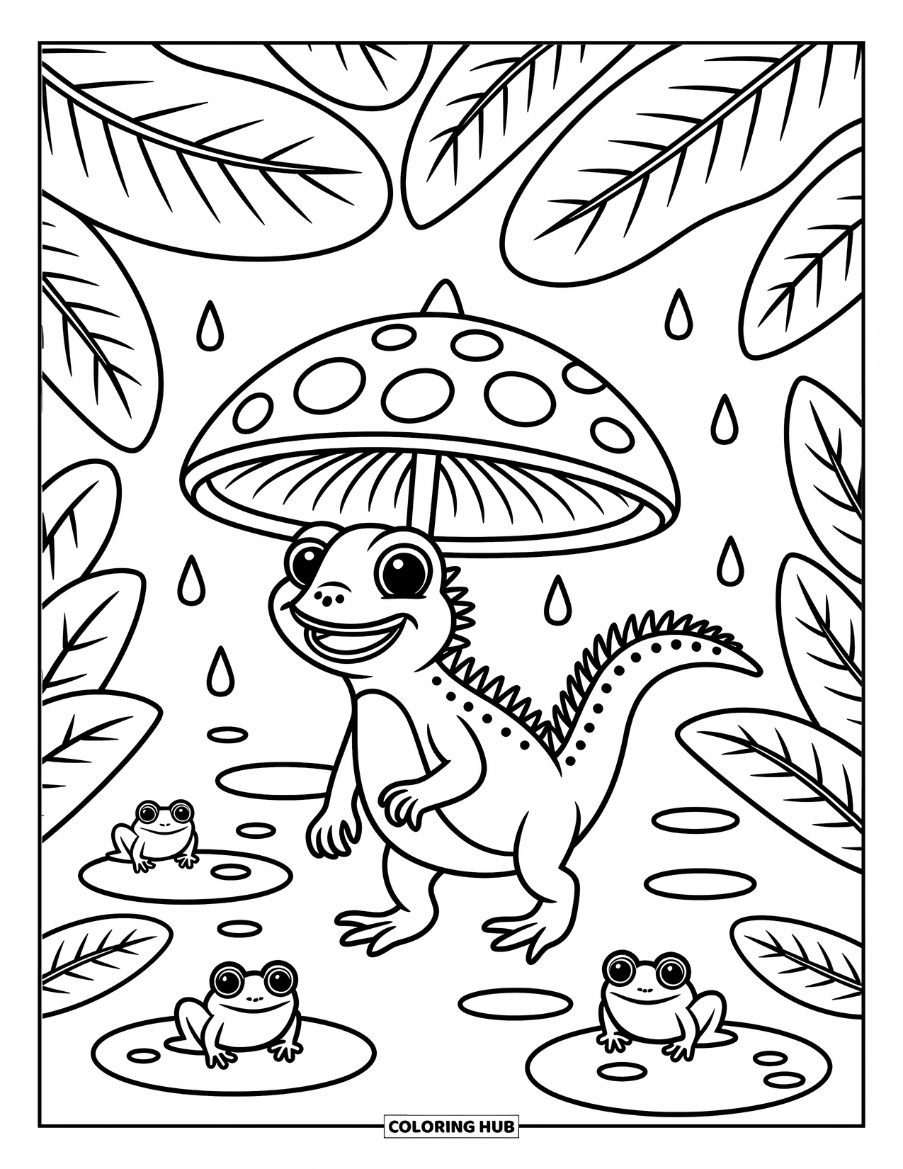 Iguana Coloring Page for Adults: Playful iguana walks under rain with frogs and big leafy cover