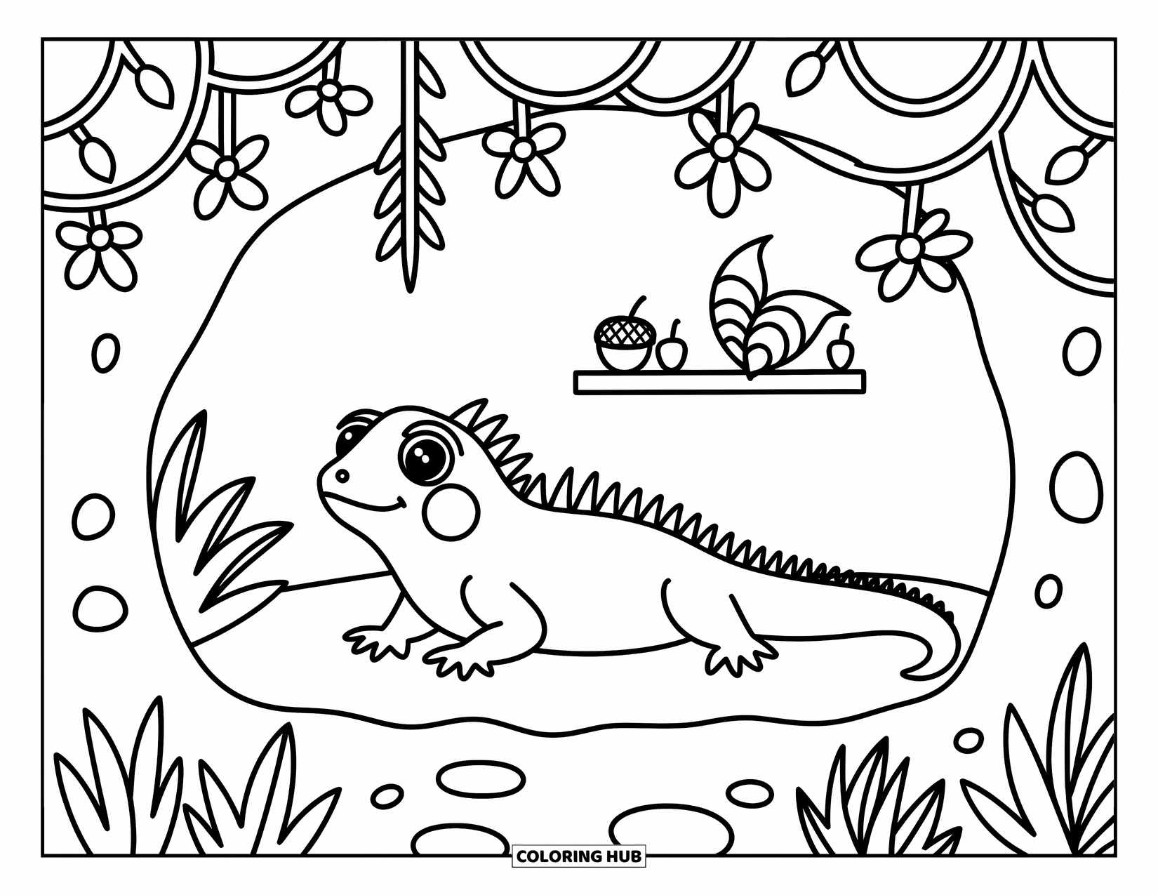 Iguana Coloring Page for Adults: Relaxed iguana rests on moss in a cave filled with vines and tiny details