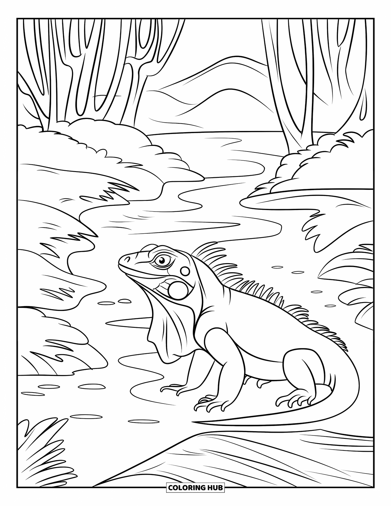Iguana Coloring Page for Kids: Alert iguana watches from a rock beside a peaceful forest stream