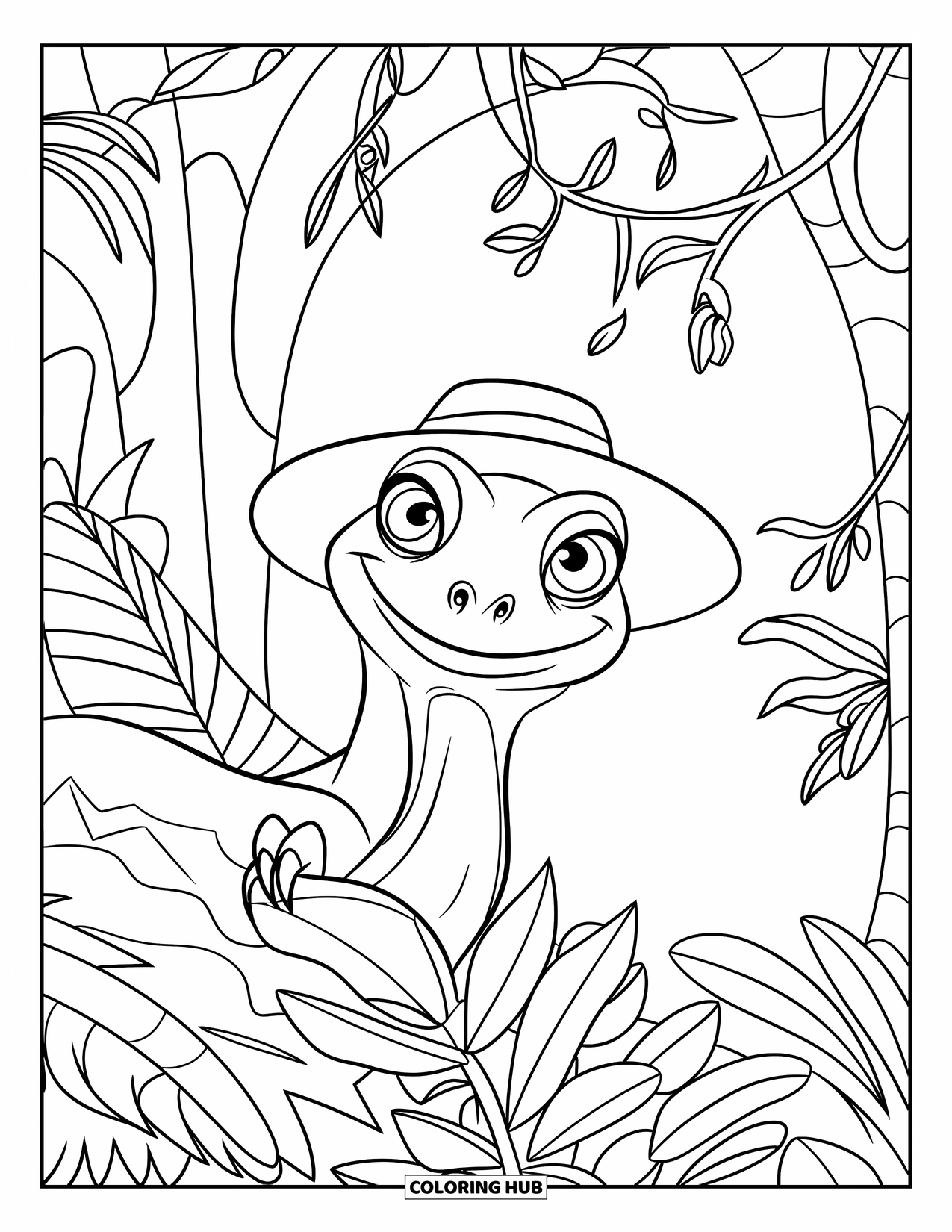 Iguana Coloring Page for Kids: Curious iguana peeks through thick jungle leaves with wide eyes