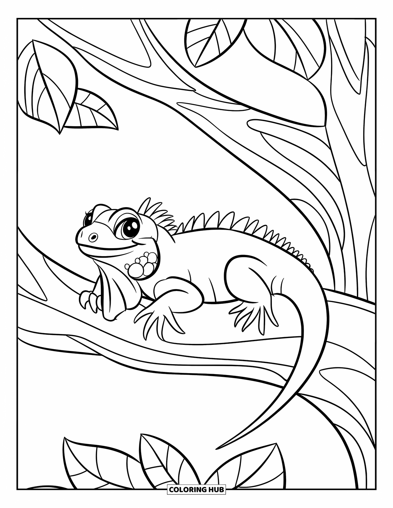 Iguana Coloring Page for Kids: Happy iguana rests on a branch surrounded by big leaves