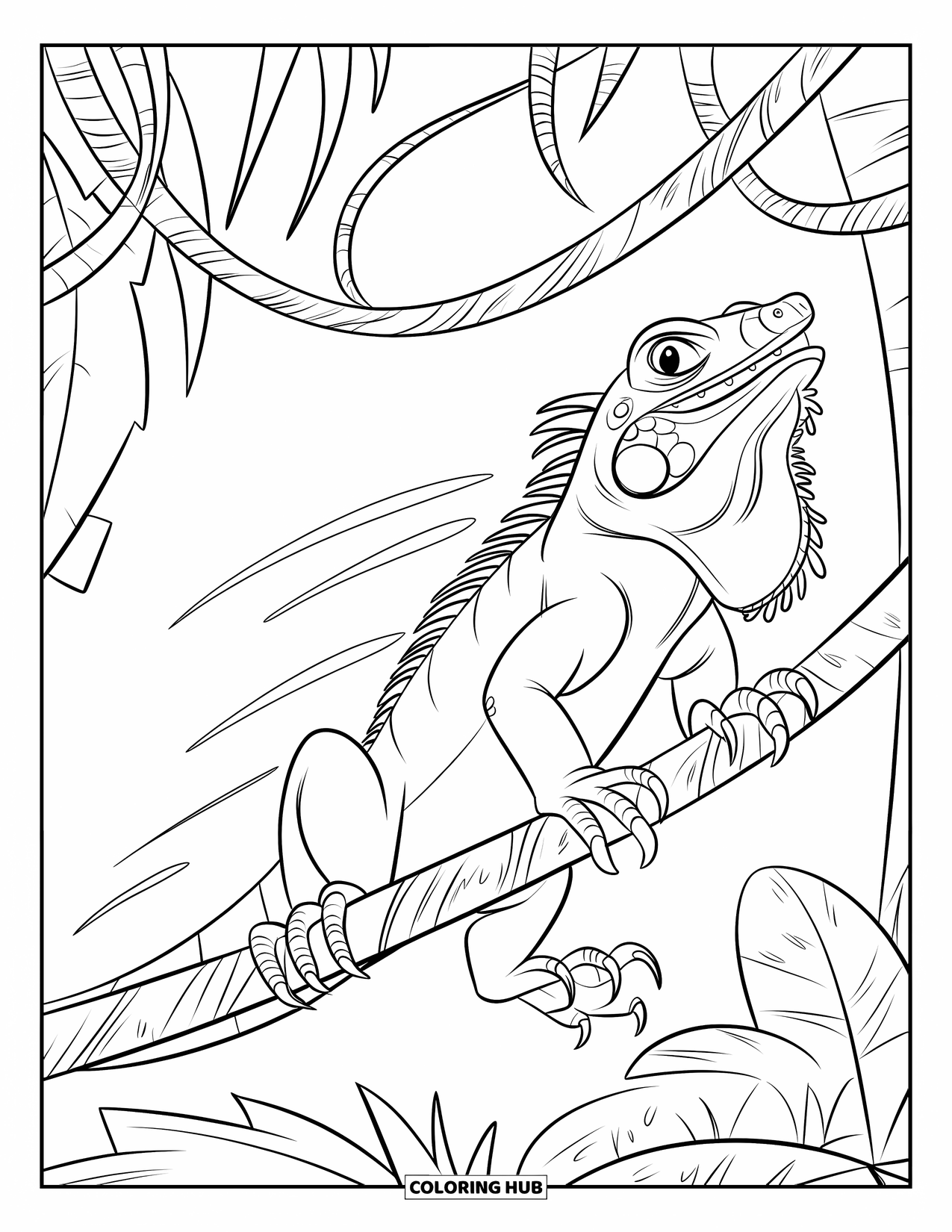 Iguana Coloring Page for Kids: Iguana climbs jungle vines with motion lines trailing behind