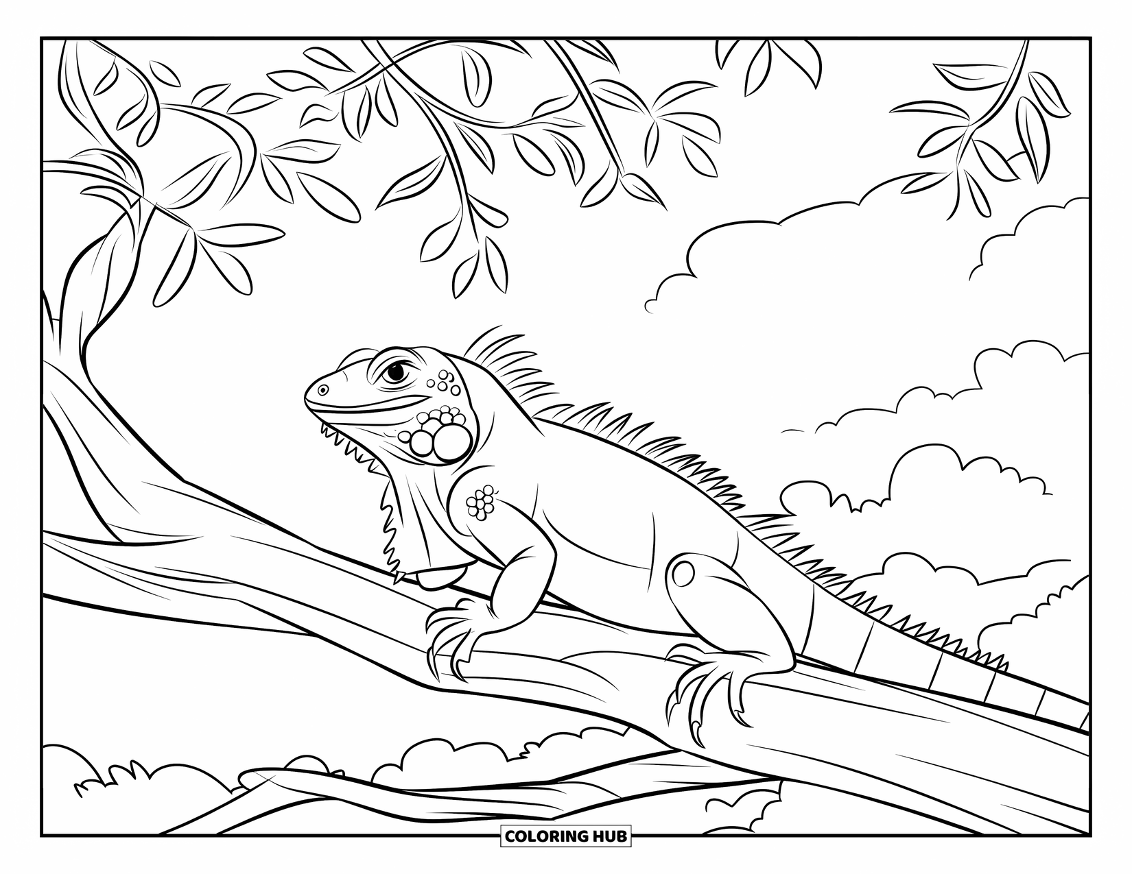 Iguana Coloring Page for Kids: Iguana clings to a tree branch with leaves dancing around it