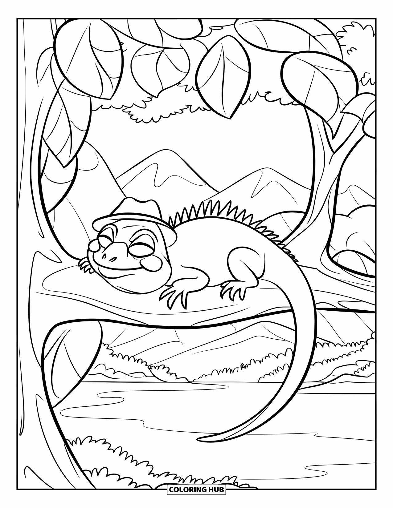 Iguana Coloring Page for Kids: Iguana in a tiny hat naps on a leafy tree branch