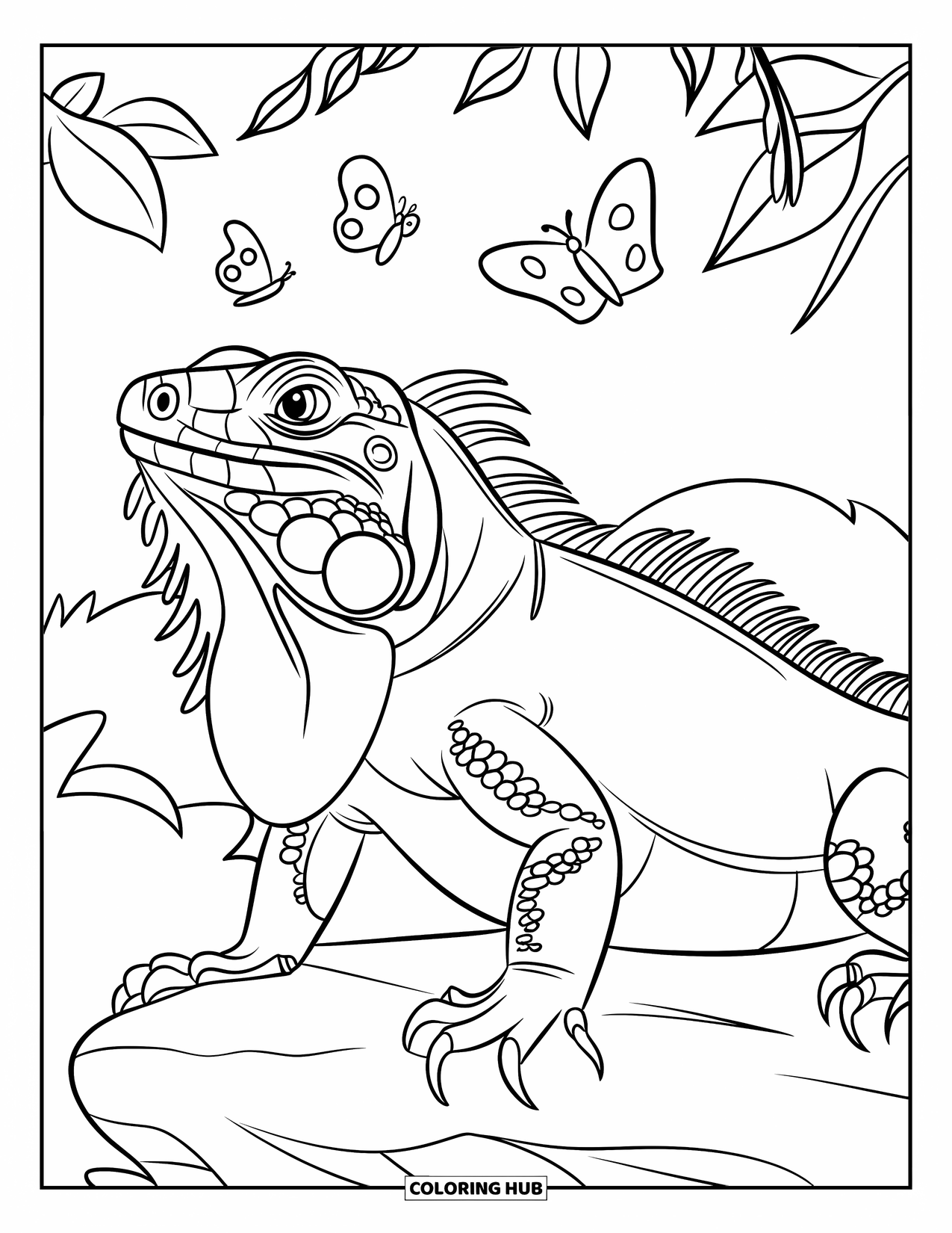 Iguana Coloring Page for Kids: Iguana rests on a rock while butterflies flutter overhead