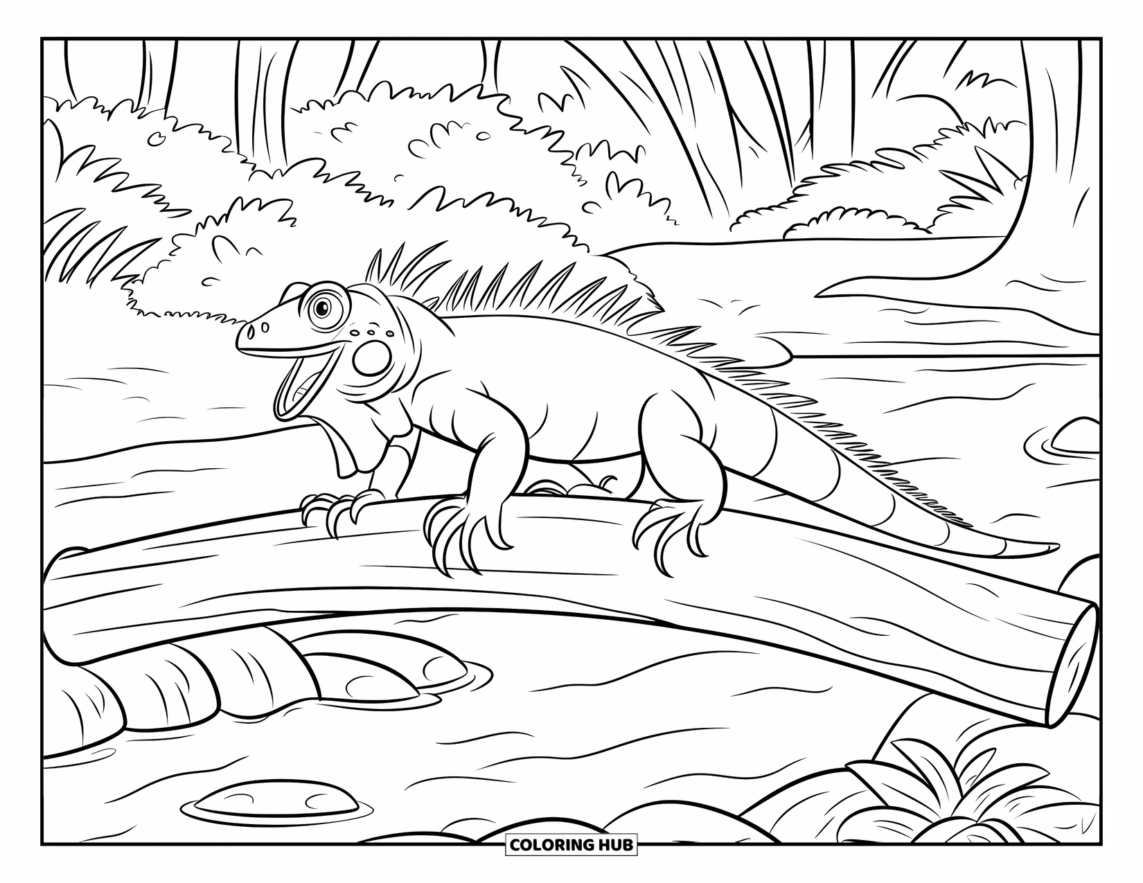 Iguana Coloring Page for Kids: Iguana walks on a log above a rocky, tree-lined stream
