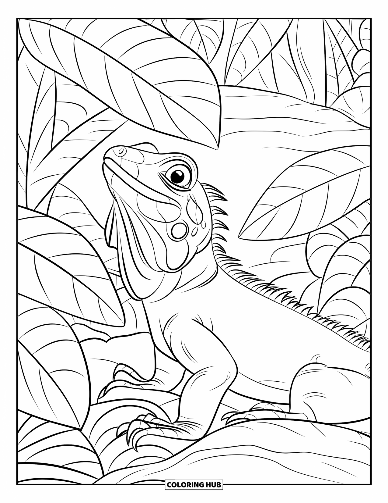 Iguana Coloring Page for Kids: Patterned iguana gazes through dense leaves and jungle plants