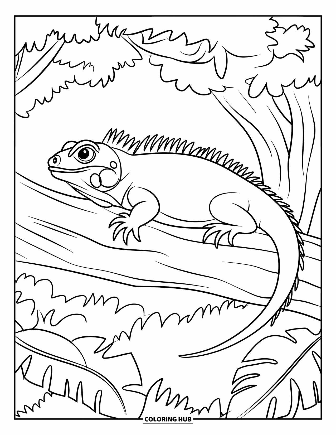Iguana Coloring Page for Kids: Peaceful iguana rests quietly on a tree branch in the forest