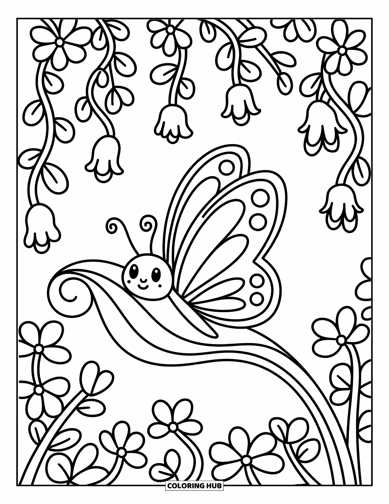 Insects Coloring Page for Adults: A butterfly rests on a curled leaf among clover and bell-shaped flowers