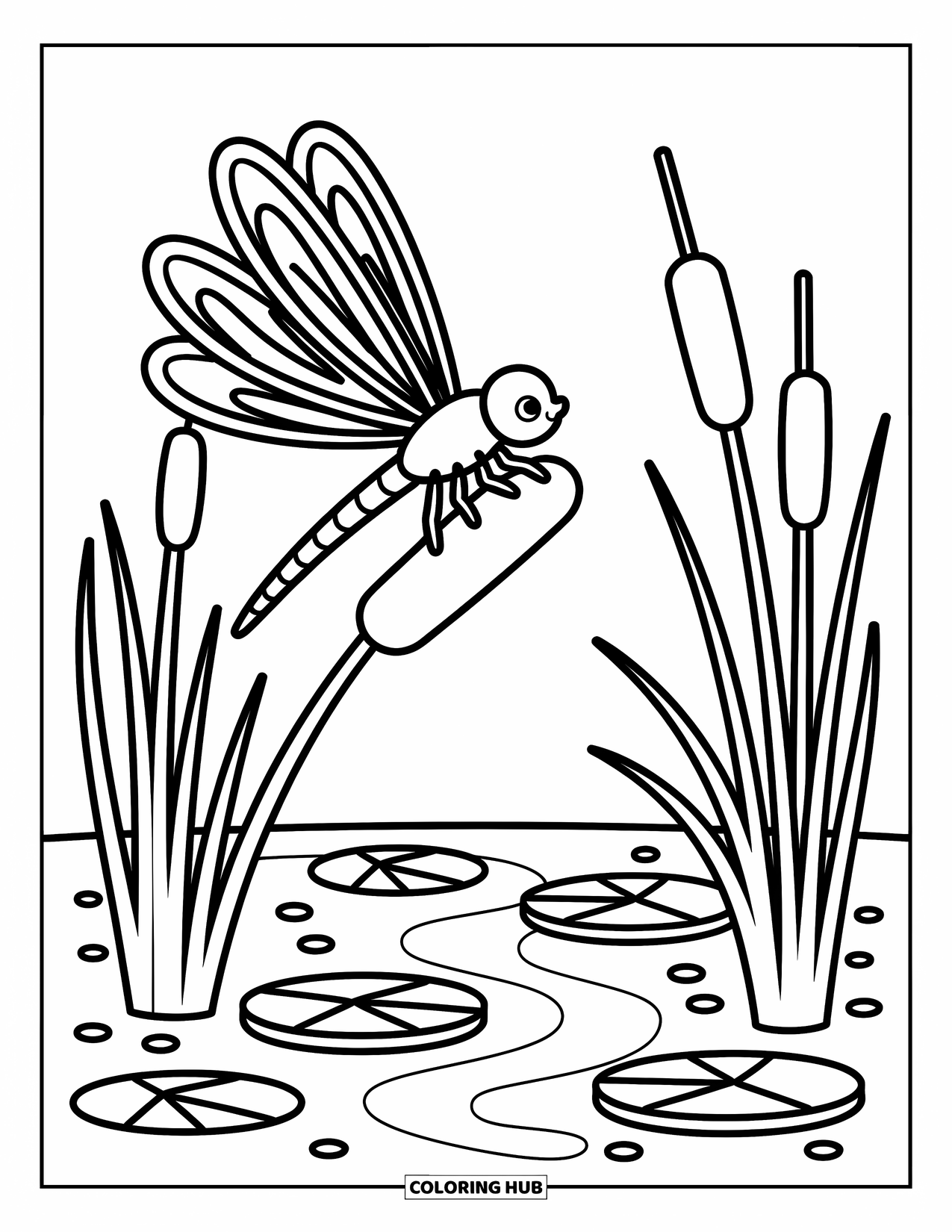 Insects Coloring Page for Adults: A dragonfly perches on a cattail near lily pads and playful pebbles