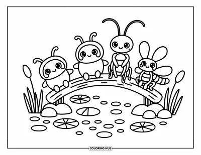어른을 위한 곤충 색칠공부: 통나무 다리 위에 귀여운 곤충 네 마리가 자갈이 깔린 시냇물 위에 앉아 있어요