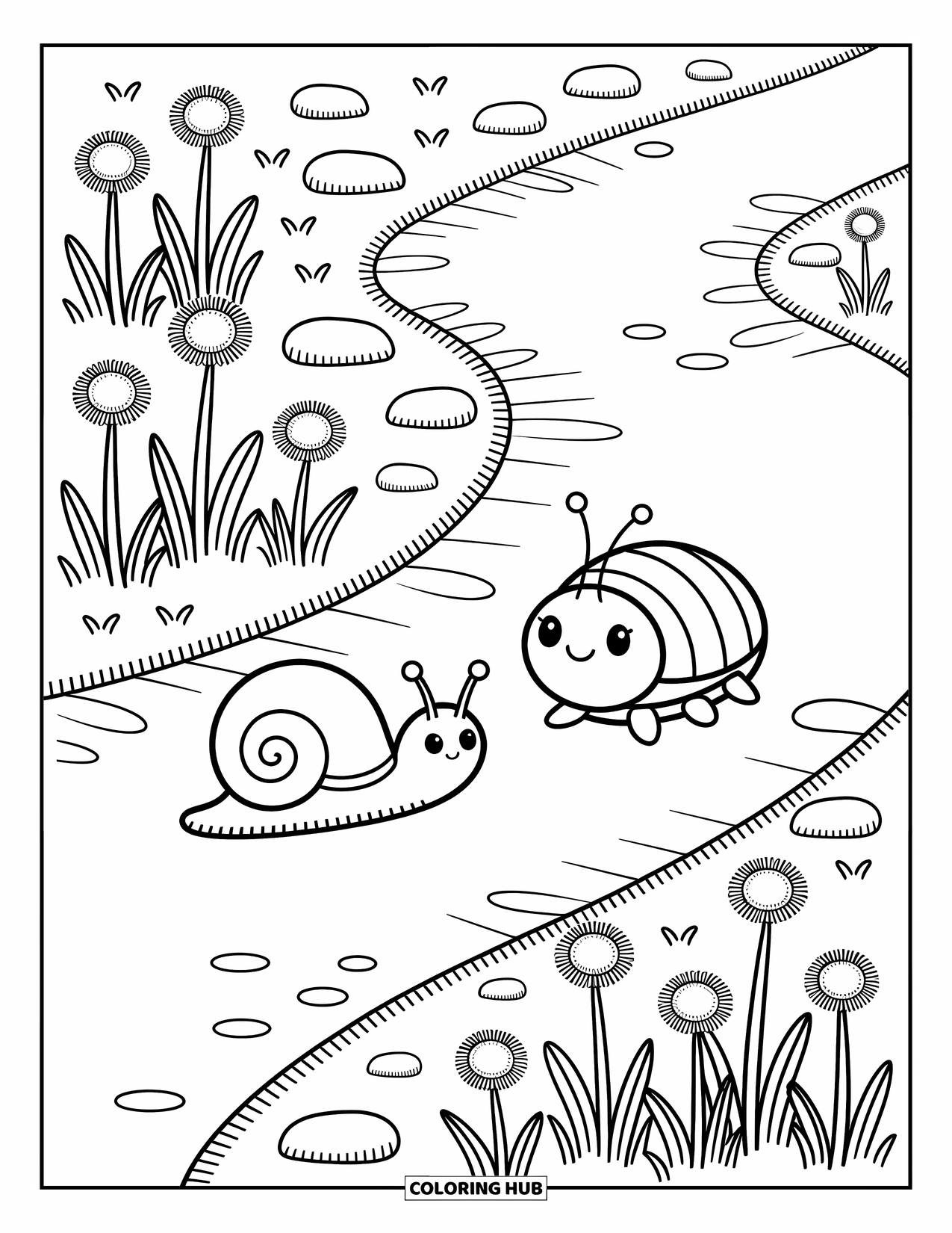 Insects Coloring Page for Adults: A snail and beetle glide side by side along a curvy path with dandelions