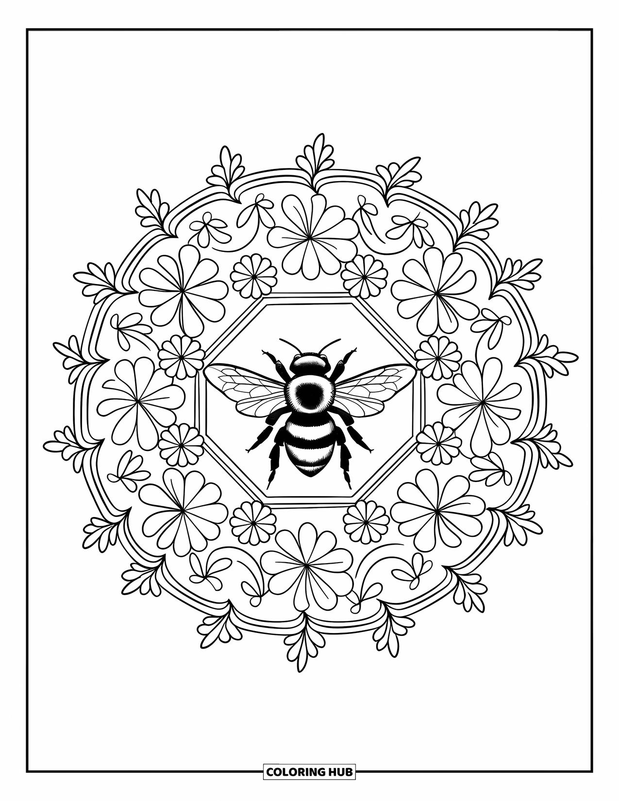Insects Coloring Page for Adults: Bee rests in the middle of a mandala made of honeycombs and clovers