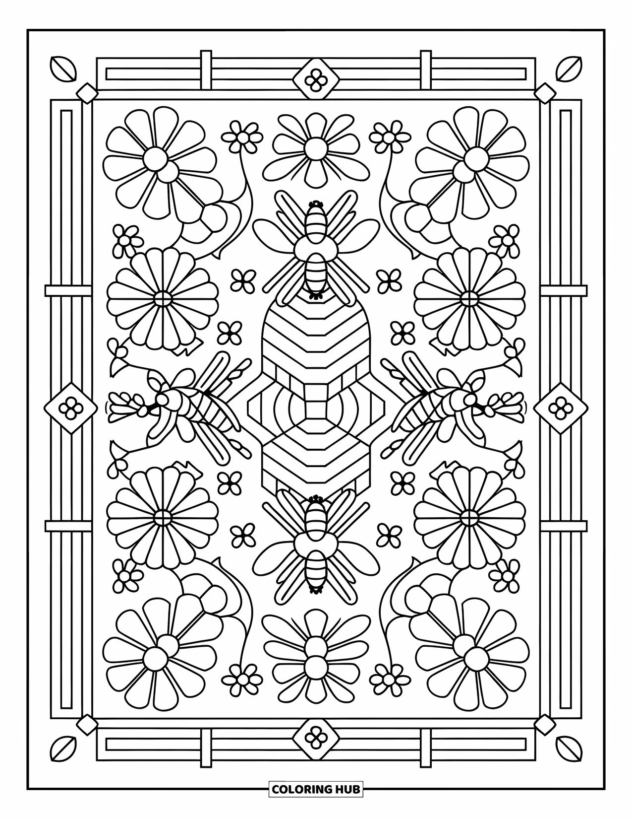 Insects Coloring Page for Adults: Bees fly around a hexagon hive mandala framed with floral designs