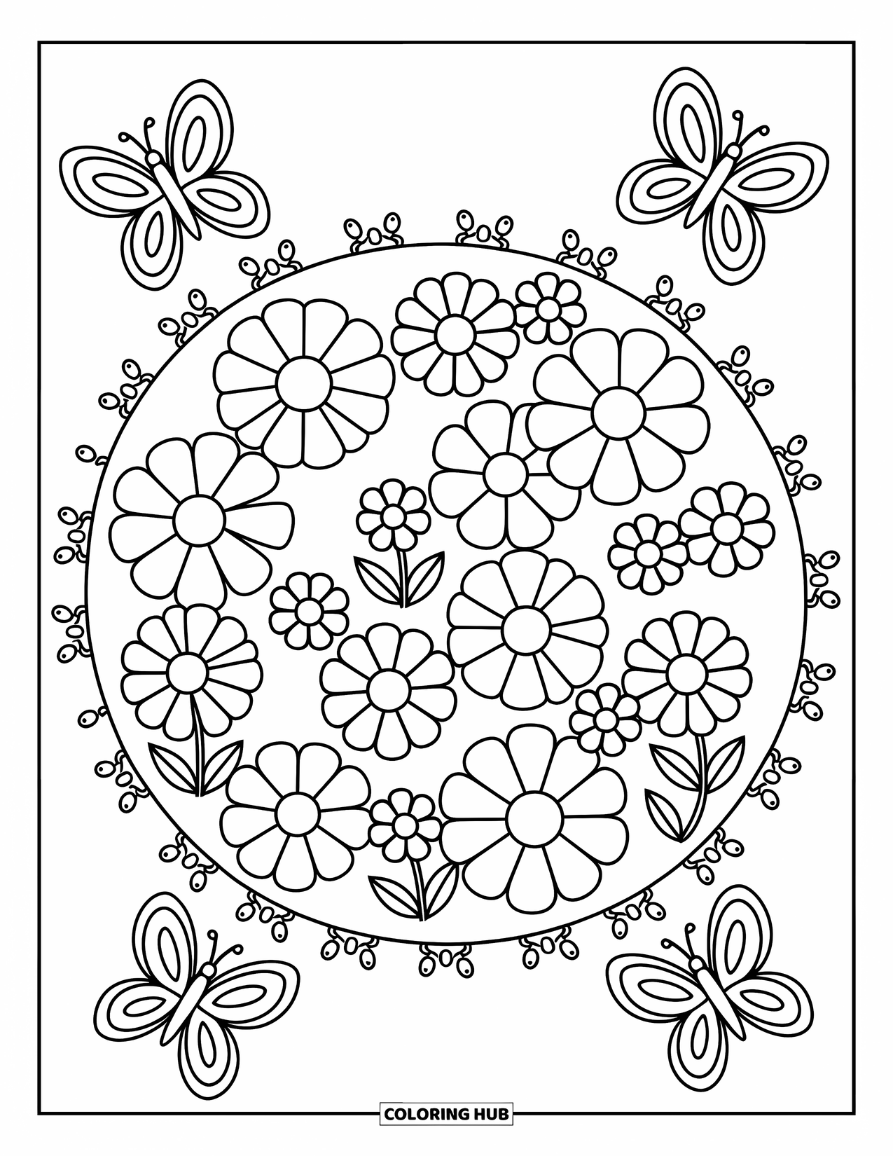 Insects Coloring Page for Adults: Butterflies soar over a flower ring while ants march in a cheerful circle