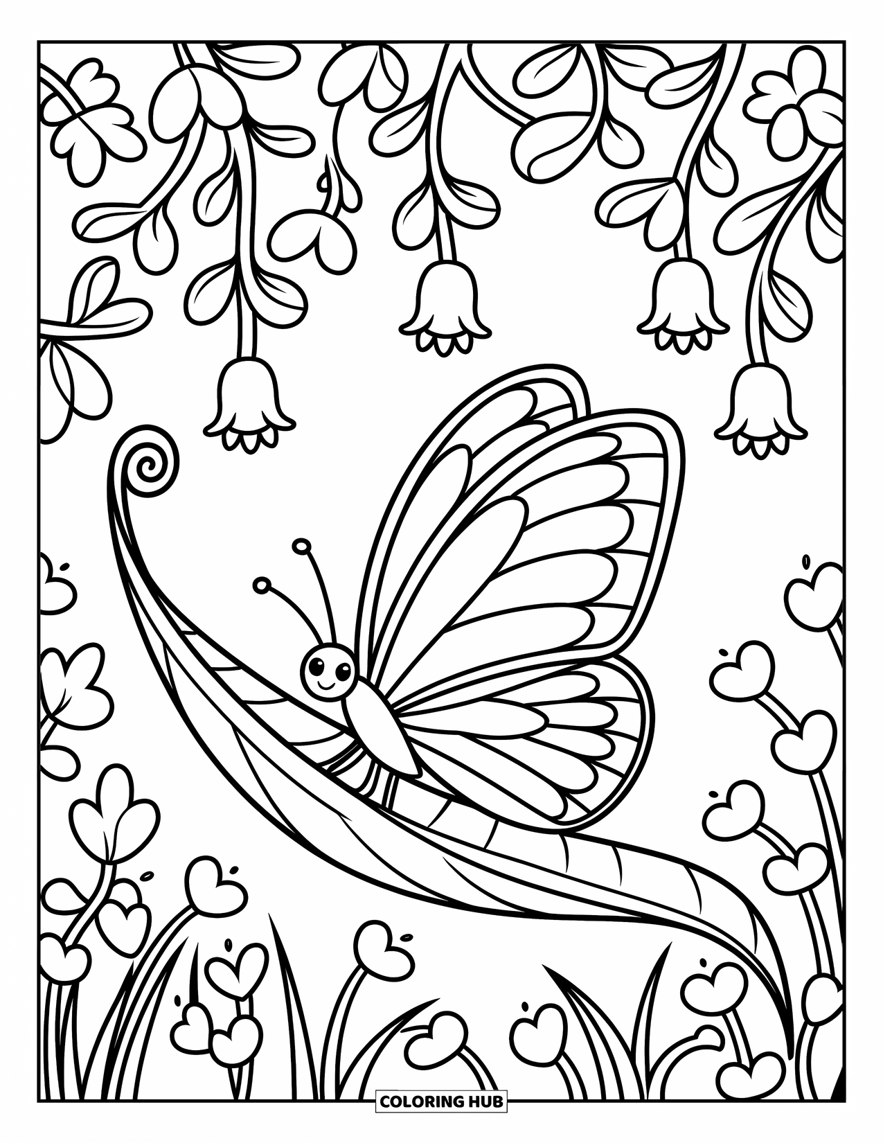 Insects Coloring Page for Adults: Butterfly relaxes on a big leaf surrounded by tendrils and tiny forest blooms