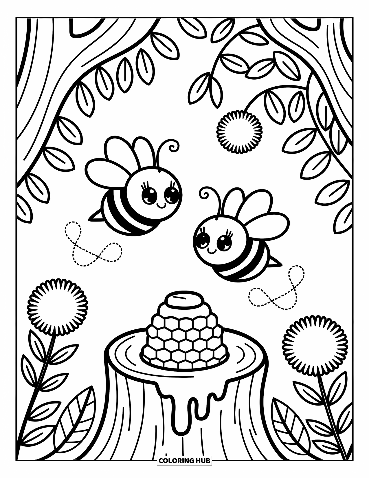 Insects Coloring Page for Adults: Cute bees buzz near a honeycomb inside a tree under wildflowers and leaves