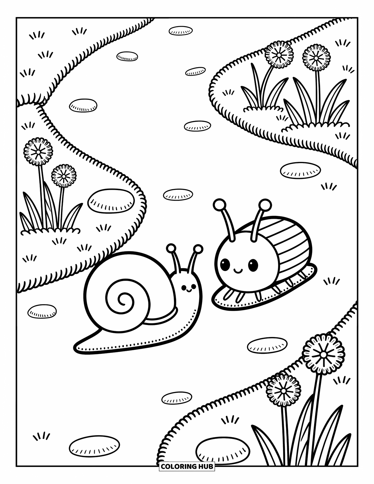 Insects Coloring Page for Adults: Cute snail and beetle travel together past grass, stones, and swaying dandelions