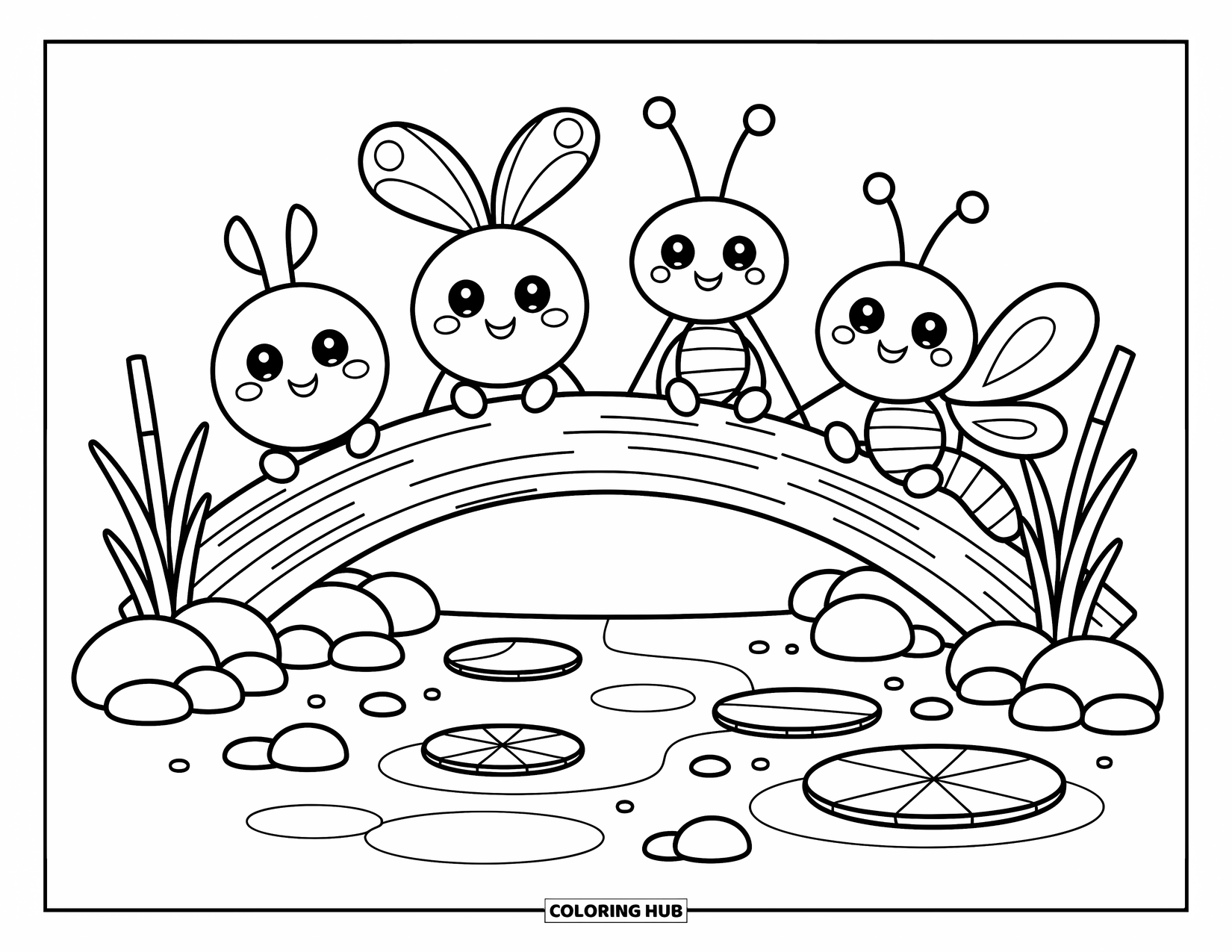 Insects Coloring Page for Adults: Four insects rest playfully on a log bridge above a bubbling stream
