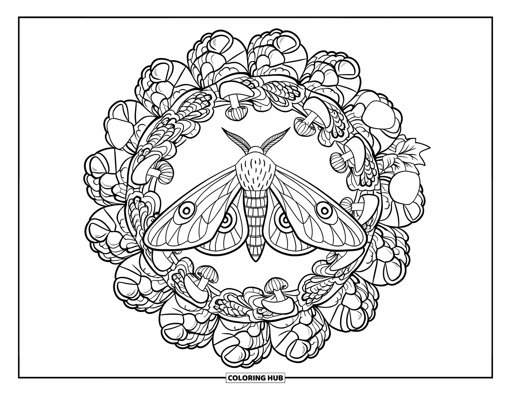 Insects Coloring Page for Adults: Intricate moth sits in a nature-inspired mandala of pinecones, mushrooms, and ivy swirls