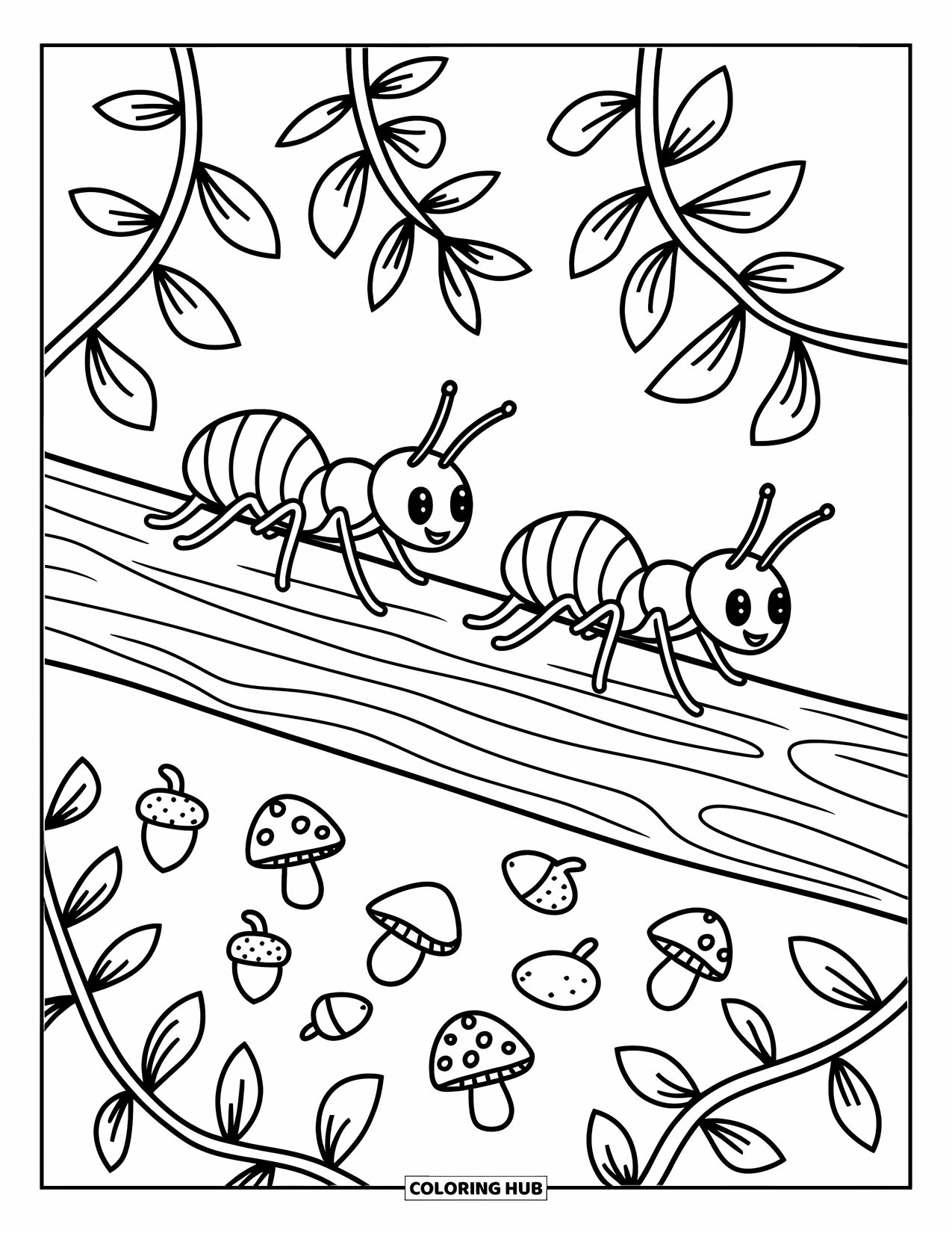 Insects Coloring Page for Adults: Marching ants carry leaves and berries along a forest log with mushrooms nearby