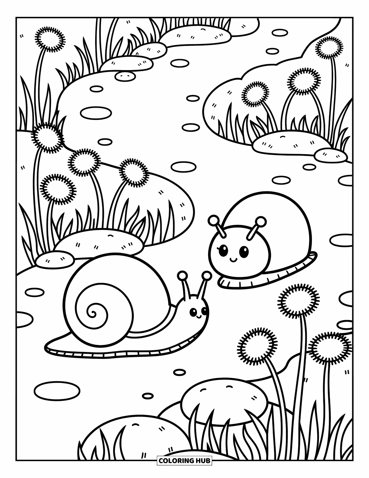Insects Coloring Page for Adults: Snail and beetle follow a winding path filled with mossy stones and dandelions