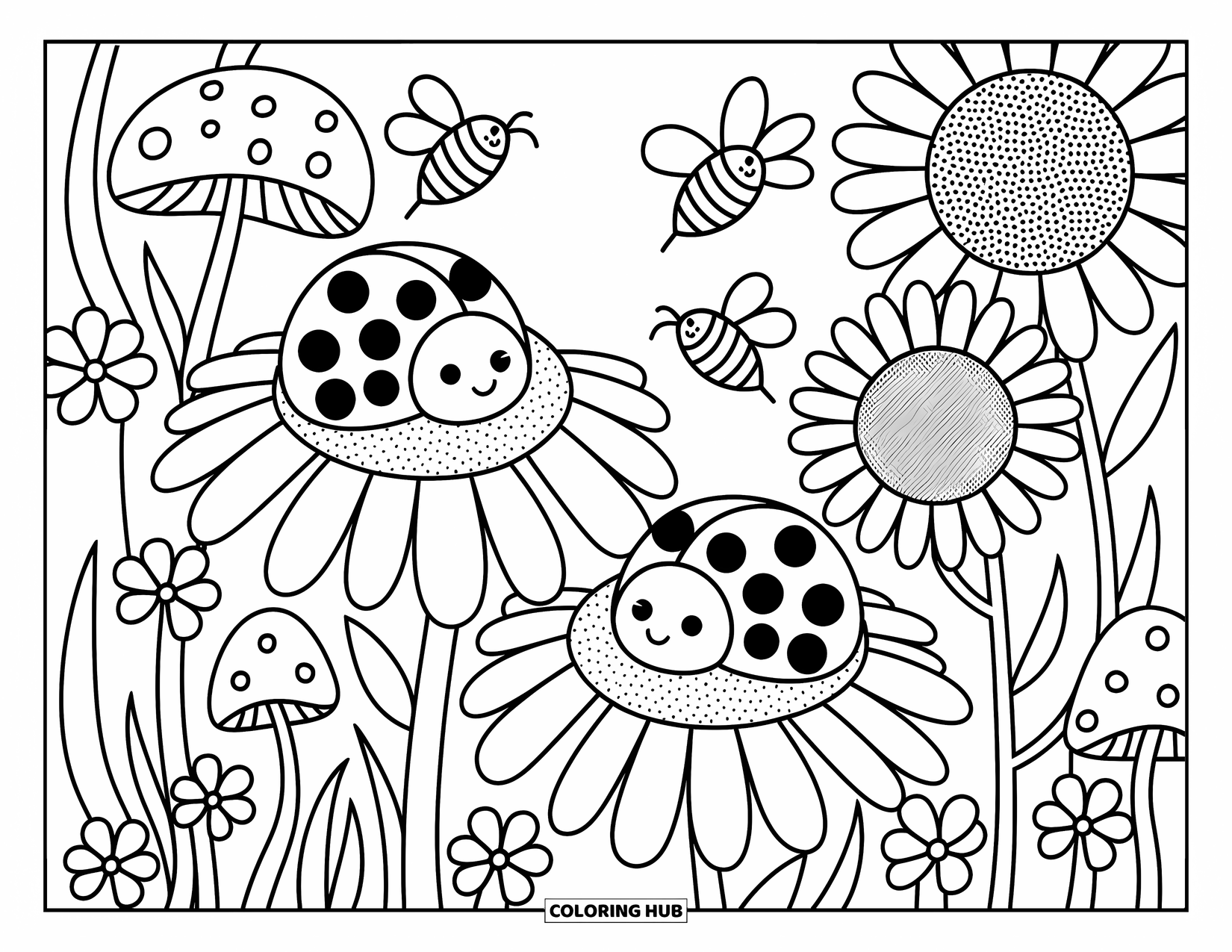 Insects Coloring Page for Adults: Two ladybugs and three bees enjoy flowers in a cozy, clover-filled garden