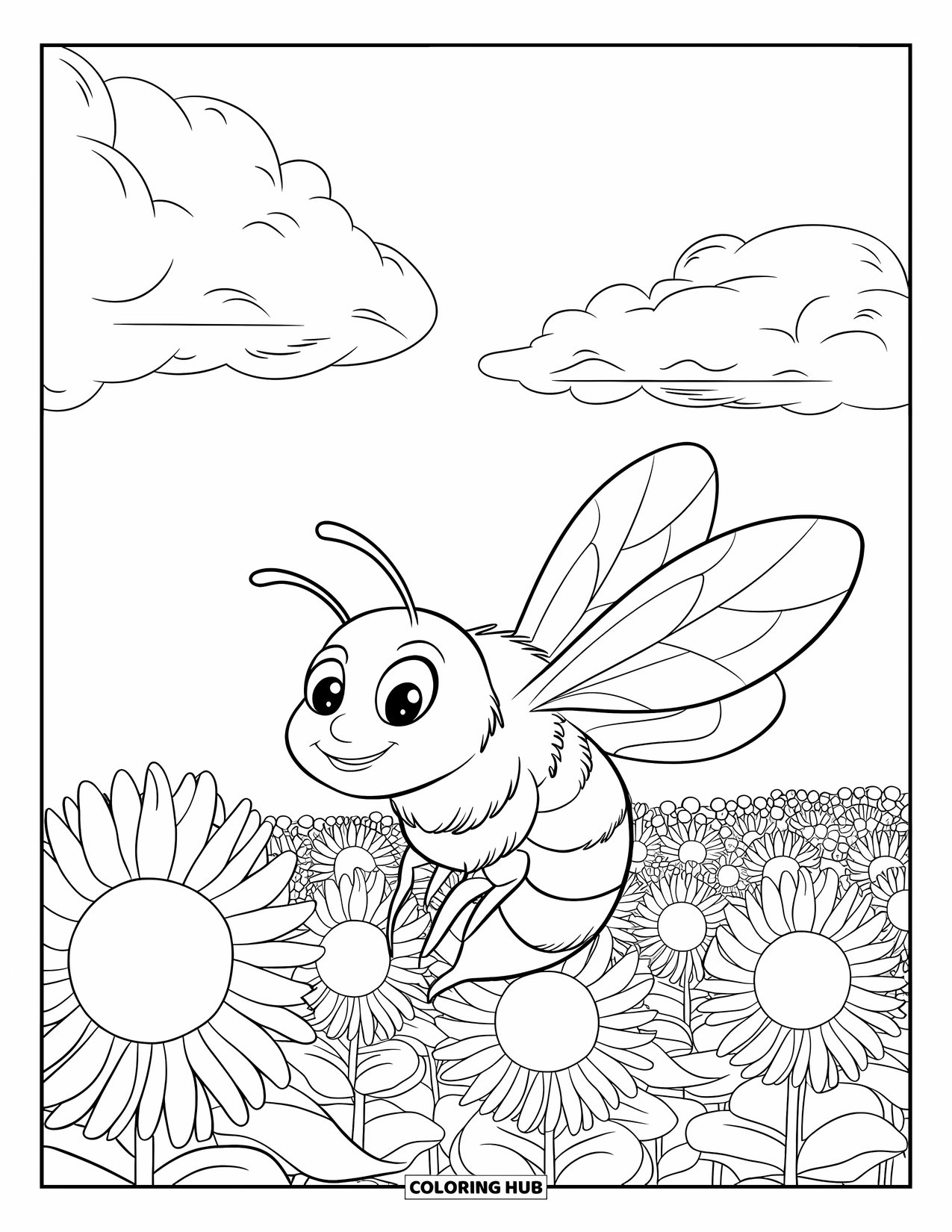 Insects Coloring Page for Kids: A bee flies in front of a sunflower field beneath two big clouds