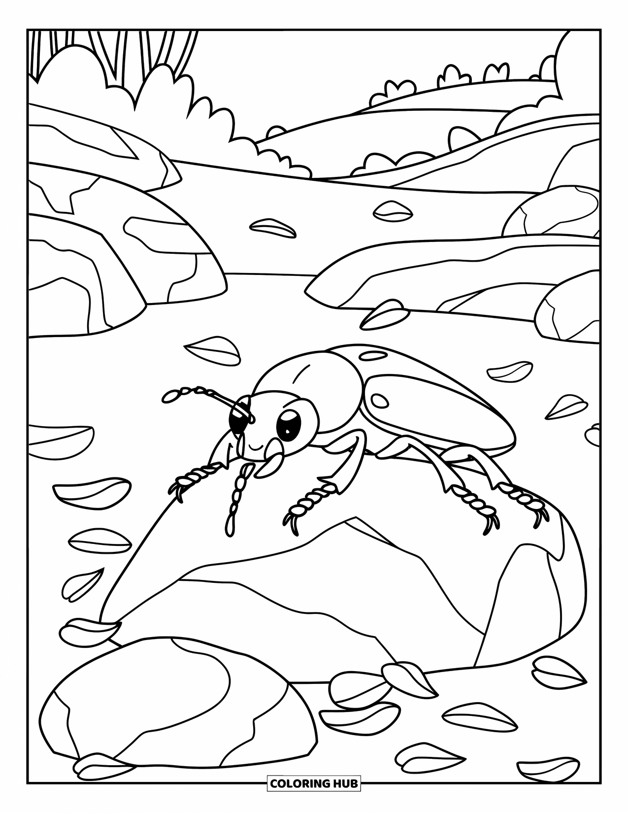 95 Insects Coloring Pages for - Insects Coloring Page For Kids A Beetle Sits On A Rock Surrounded By Petals Trees And Hills